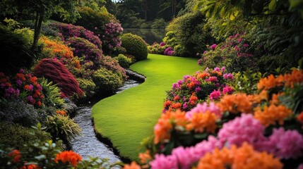 Poster - Lush spring lawn adorned with colorful flowers featuring a winding river beneath vibrant greenery in a landscaped garden