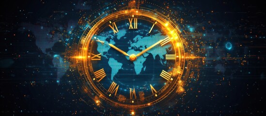 Wall Mural - a golden clock with roman numerals and a world map inside is surrounded by a glowing blue and orange
