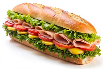 Footlong ham & swiss submarine sandwich isolated on white background