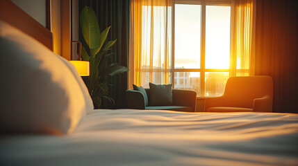 Canvas Print - Close-up of a hotel room with a bed, window, and armchair, with a cinematic, golden-hour lighting effect