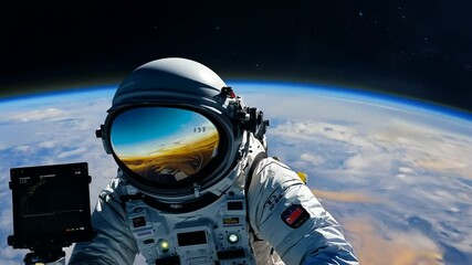 Wall Mural - astronaut outer Video space spacesuit close-up ai generative science technology planet universe astronomy cosmos future exploration earth explore moon star galaxy spaceship travel walk fantasy backgr