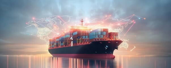 Digital rendering of a cargo ship with global trade lines emanating from it, Global supply chain, International logistics