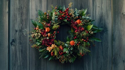 Wreath adorned with wildflowers berries and lush green foliage