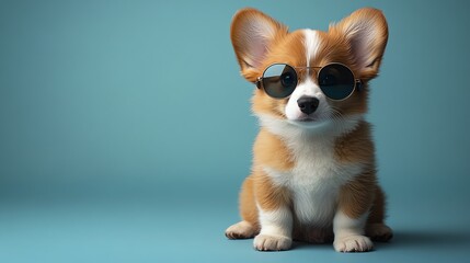 Corgi puppy wearing sunglasses, cute pose, colorful background.