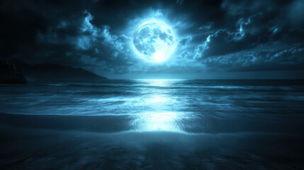 serene night scene featuring luminous full moon illuminating ocean waves under dramatic sky filled w