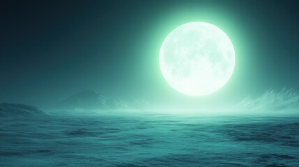 serene landscape featuring large, glowing moon illuminating tranquil ocean scene. ethereal light creates mystical atmosphere, enhancing beauty of night