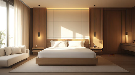 Modern hotel bedroom, with a white and wood color scheme, in a minimalist style