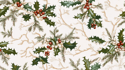 Christmas seamless pattern with holly leaves and red berries on a white background. Endless holiday ornament for printing on fabric, wallpaper.