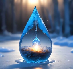 Illustration of blue glowing frozen water drop with fresh energy inside.