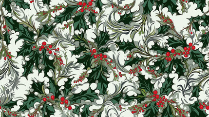 Christmas seamless pattern with holly leaves and red berries on a white background. Endless holiday ornament for printing on fabric, wallpaper.