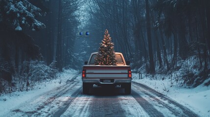 A festive Christmas tree on a truck drives through a snow-covered forest, emphasizing holiday spirit and winter adventure.