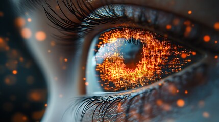 A close-up of a human eye with glowing digital data in the iris.