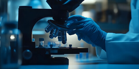 Wall Mural - scientist's hands are working next to a microscope, close-up, background
