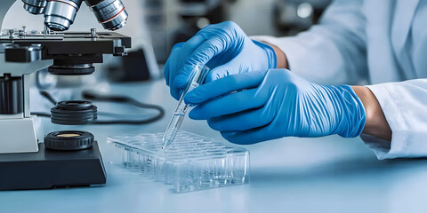 Wall Mural - scientist's hands are working next to a microscope, close-up, background