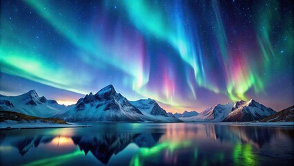 silhouette of a landscape with mountains and aurora borealis in the night sky