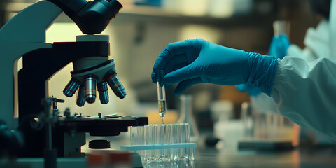 Wall Mural - scientist's hands are working next to a microscope, close-up, background