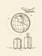 Leinwandbilder - An airplane soars above a globe while two suitcases are positioned below, symbolizing the excitement of global travel. Generative AI