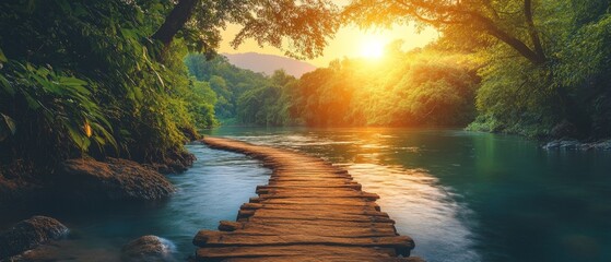 Wall Mural - The warm glow of the rising sun illuminates the wooden walkway curving through vibrant greenery beside a serene river, creating a tranquil atmosphere