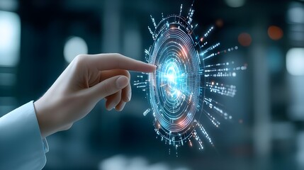 A hand pressing a button on a futuristic touch screen interface, symbolizing technology and innovation in business communication