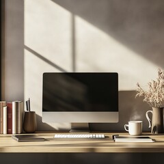 Poster - A sleek workspace with a modern computer, notebooks, and a cup of coffee. The wall behind it is light and bright.