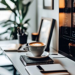 Poster - A sleek workspace with a modern computer, notebooks, and a cup of coffee. The wall behind it is light and bright.