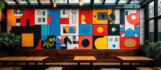 Wall Mural - colorful geometric wall mural in a restaurant with wooden tables and benches.
