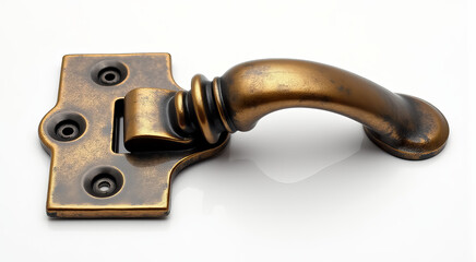 A gold hinge with six holes is shown on a white background