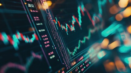 A close-up of a computer screen displaying a stock market chart with red and green lines and numbers.  The screen is slightly blurred and there is a bokeh effect in the background.