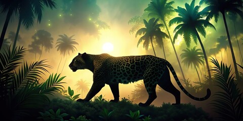 silhouette of a stealthy jaguar in the jungle, an elusive spotted predator in wildlife