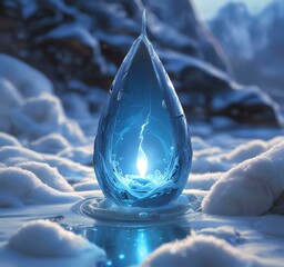 Illustration of blue glowing frozen water drop with fresh energy inside.