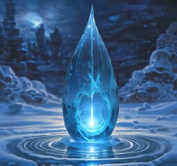 Illustration of blue glowing frozen water drop with fresh energy inside.