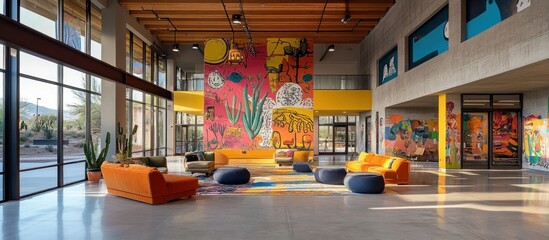 Wall Mural - modern lobby with colorful murals, large windows, and comfortable seating.