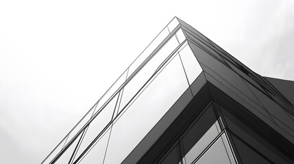 82. A worm's-eye view of a smooth building corner with clean lines and sharp angles, set against a bright sky