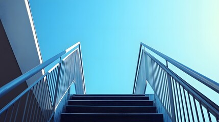 106. A worm's-eye view of a plain metallic railing extending upward, creating an abstract composition with a clear sky in the background