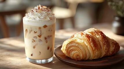 Iced vanilla latte with croissant