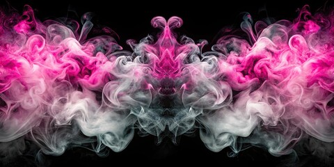 Symmetrical dance of black and white with pink smoke and ink swirls