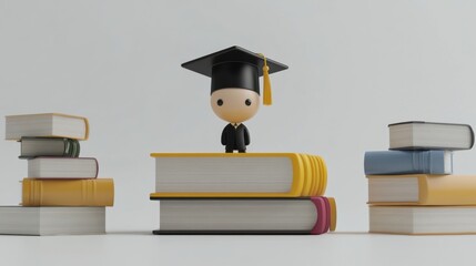 Fototapete - A graduation figure wearing a cap and gown stands atop colorful books, representing educational success and scholarly dedication. Generative AI