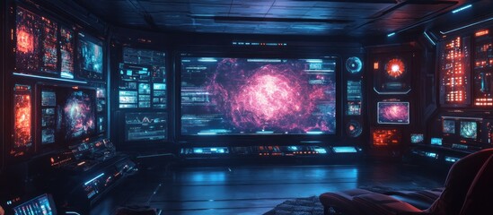 Wall Mural - Futuristic control room with glowing screens, technology and a glowing sphere on a large screen in the background.