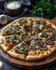 mushroom pizza on dark background. health-conscious alternative with sustainable, environmentally friendly ingredients.