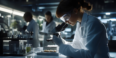 Wall Mural - scientist is looking through a microscope and taking notes, background