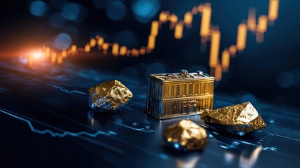 A gold box is on a table with some rocks and a graph