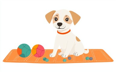 A playful dog with colorful toys enjoys a cozy moment on an indoor mat with a bright color scheme