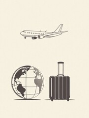 Poster - This design showcases an airplane in flight above a globe and suitcase, capturing the essence of international travel and adventure. Generative AI