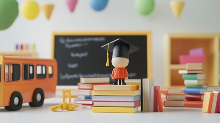 Aufkleber - A joyful graduate stands proudly atop a stack of books in a vibrant classroom filled with playful decorations and a school bus toy nearby. Generative AI