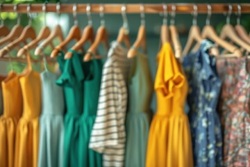 Many dresses hanging on a rack in a store, banner, copy space