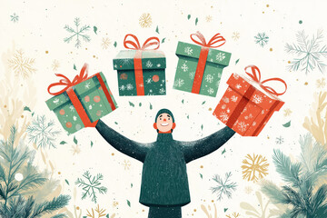 Wall Mural - A man is holding three presents in his arms, with one of them being a green box