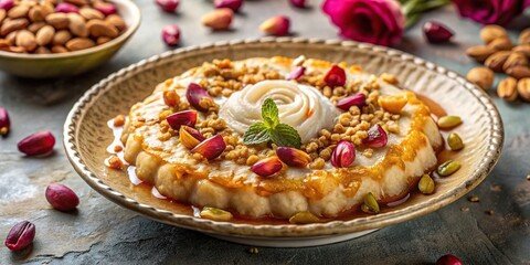 Symmetrical Israeli dessert Malabi with peanuts, coconut, and rose syrup