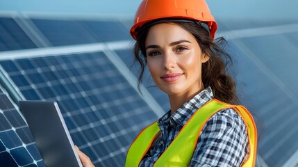 A professional solar panel technician in a safety vest and helmet examining and analyzing performance data on her laptop computer in front of a row of solar energy panels