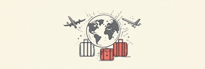 Poster - A globe is highlighted by an airplane soaring above it, accompanied by colorful suitcases representing the excitement of global travel. Generative AI