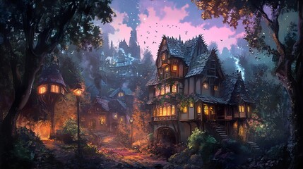 Wall Mural - Enchanted Medieval Village at Twilight